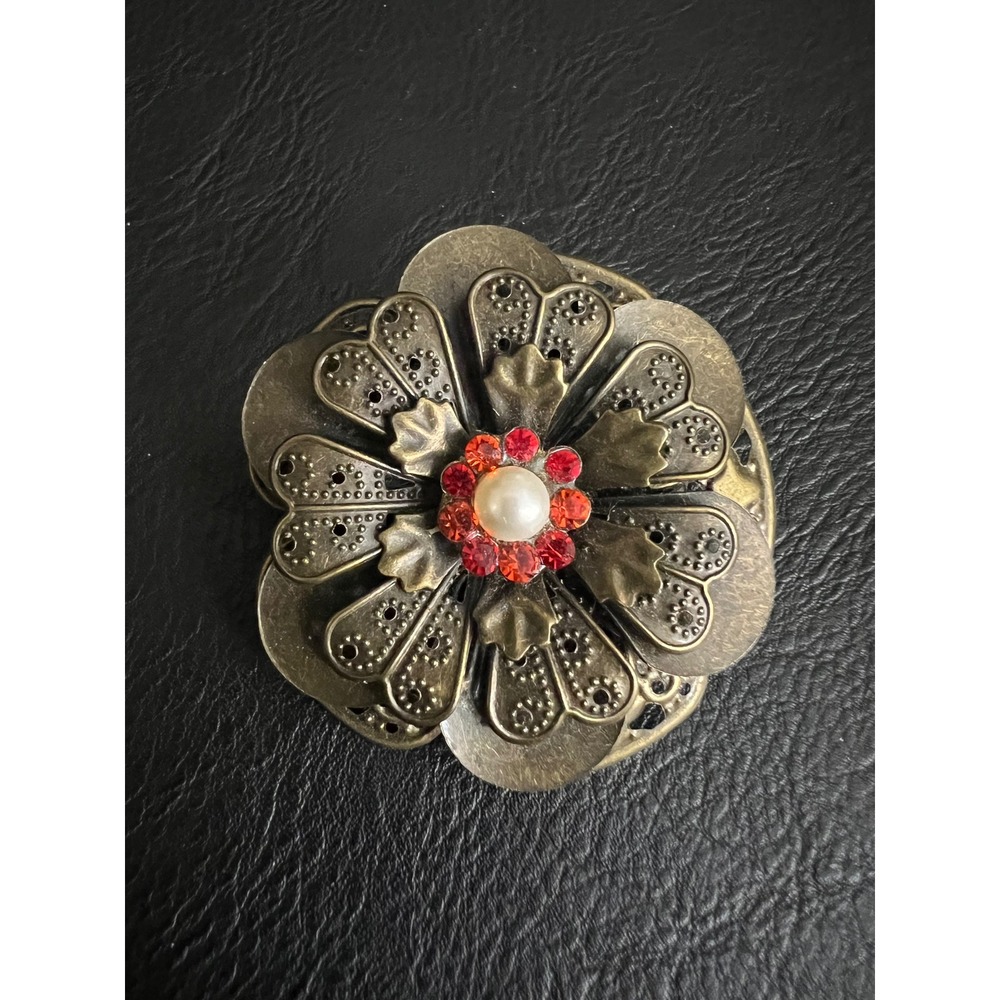 Vintage Bronze Filigree Flower Brooch Red Rhinestone Pearl Pin 2.25" Cottagecore